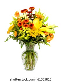 Colorful Flower Arrangement With Fall Colors Isolated On White.