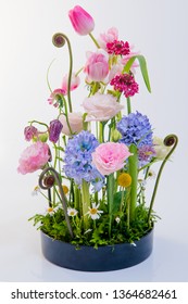 Colorful Flower Arrangement In Front Of White Background, (tulip, Hyacinth, Orchid, Fern,Texas Bluebells, Carnation)