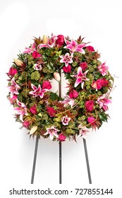 Colorful Flower Arrangement Wreath For Funerals Isolated On White