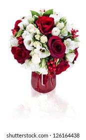Colorful Flower Bouquet Arrangement Centerpiece In Red Vase Isolated On White Background