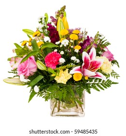 Colorful Flower Bouquet Arrangement Centerpiece In Vase Isolated On White.