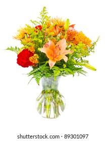 Colorful Flower Bouquet Arrangement Centerpiece In Vase Isolated On White.