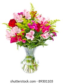 Colorful Flower Bouquet Arrangement Centerpiece In Vase Isolated On White.