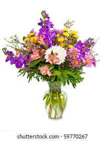 Colorful Flower Bouquet Arrangement In Vase Isolated On White.