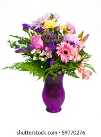 Colorful Flower Bouquet Arrangement In Vase Isolated On White.