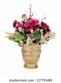 Colorful Flower Bouquet From Artificial Flowers Arrangement Centerpiece In Gold Vase Isolated On White Background