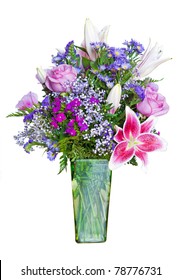 Colorful Flower Bouquet In Vase Isolated On White.