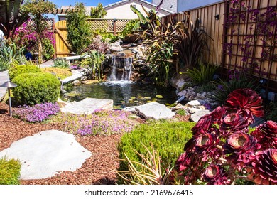 Colorful Flowers In A Backyard With A Koi Pond