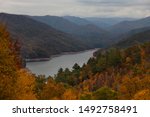 Colorful foliage around Fontana Lake in North Carolina near Smoky Mountains National Park