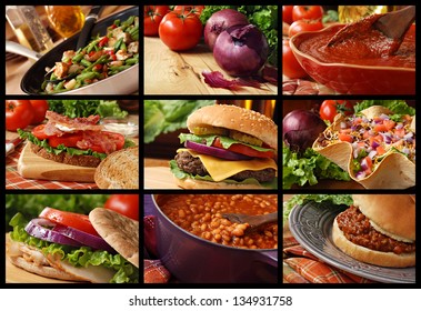 Colorful Food Collage Includes Veggie Stir Fry, Cheeseburger, Taco Salad, Blt Sandwich, Turkey Sandwich, Sloppy Joe Sandwich, Baked Beans, And Freshly Prepared Pasta Sauce.