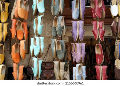 Colorful Footwear Manufacturing Handmade, Called ''Yemeni'' Hanging, Leather Shoes Manual Labor, Famous Gift From Gaziantep, Turkey, March 2022.