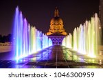 Colorful fountains illuminate a plaza in Downtown Edmonton, Canada, with Alberta