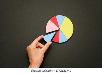 Colorful fraction circles arranged into a circle graph and hand, black background. - Shutterstock ID 1772122742