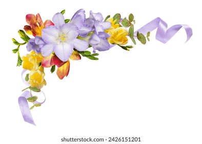 Colorful freesia flowers and satin ribbons in a corner floral arrangement isolated on white