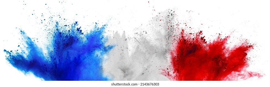 colorida bandera francesa azul color rojo blanco pintura holi polvo explosión en un fondo aislado. celebración de francia europa concepto de turismo de fútbol