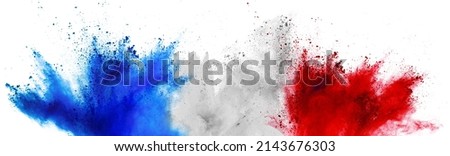 colorful french flag blue white red color holi paint powder explosion on isolated background. france europe celebration soccer travel tourism concept