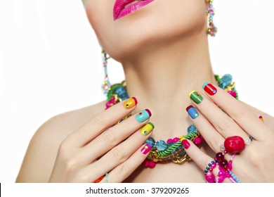 Colorful French Manicure And Makeup On A Girl With Rhinestones And Decorations On A White Background.