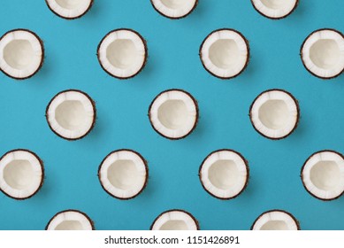 Colorful Fruit Pattern Of Coconut On Blue Background, Top View