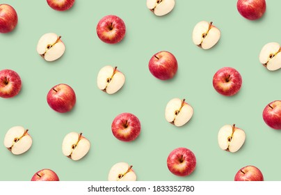 Colorful Fruit Pattern Of Fresh Red Apples On Light Green Background