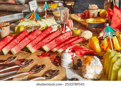 A colorful fruit platter featuring watermelon, pineapple, desserts, and tiny decorative umbrellas, perfect for a refreshing summer treat. Hebrew inscription congratulations. - Powered by Shutterstock