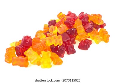 Colorful Fruity Flavor Gummy Bears Isolated On A White Background. Heap Of Jelly Bears.