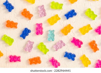 Colorful Fruity and tasty Sweets and Candies. Gummy and jelly teddy bears background.