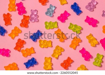 Colorful Fruity and tasty Sweets and Candies. Random Gummy and jelly teddy bears background.