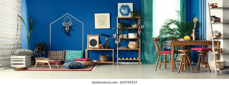 Colorful Fully Furnished Room Decorated In Boho Style