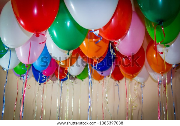 Colorful Funny Balloons On Ceiling Happy Stockfoto Jetzt