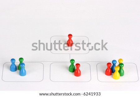colorful game tokens on an organization chart