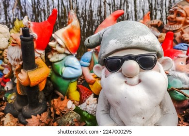colorful garden gnomes with black sunglasses at a place in the forest during hiking