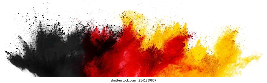 colorful german flag black red gold yellow color holi paint powder explosion isolated on white background. germany europe celebration soccer travel tourism concept - Shutterstock ID 2141239889