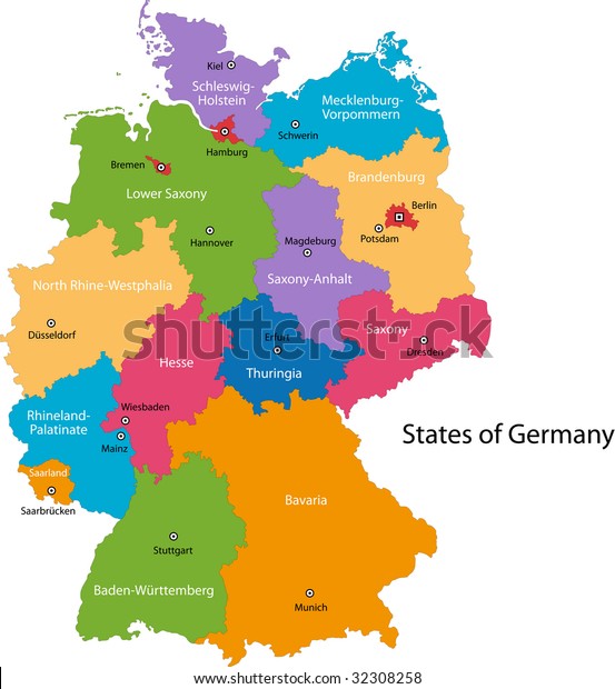 Colorful Germany Map Regions Main Cities Stock Photo (Edit Now) 32308258