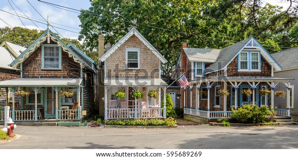 Colorful Gingerbread Cottages On Marthas Vineyard Stock Photo