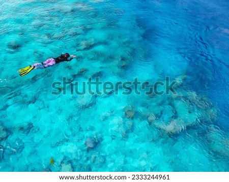 A colorful girl is snorkeling among a wild tropical reef