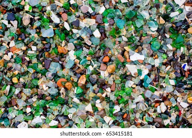 Colorful Glass Stones On A Sea Beach In Close Up Background