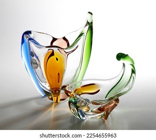 Colorful glass vase. Blue, orange, green, red glass. Bohemian czechoslovakia glass.
