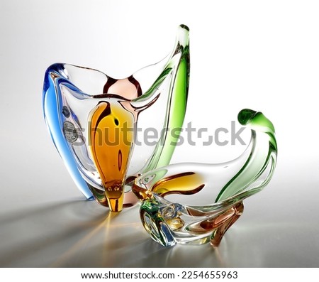 Colorful glass vase. Blue, orange, green, red glass. Bohemian czechoslovakia glass.