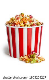 Colorful Glazed Mix Of Popcorn In A Large Paper Cup Isolated On White Background With Clipping Path Without Shadow. Cinema Snack