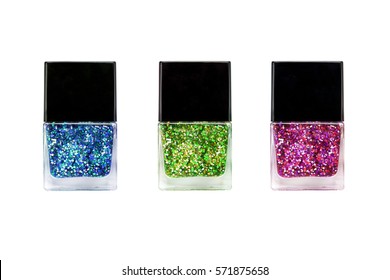 Colorful Glitter Nail Polish On A White Background.