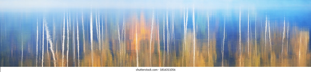 Colorful Golden Birch Trees. Symmetry Reflections In A Crystal Clear Blue Water Of The Forest River. Picturesque Panoramic Scenery. Abstract Art, Natural Pattern, Texture, Background, Aquarelle Effect