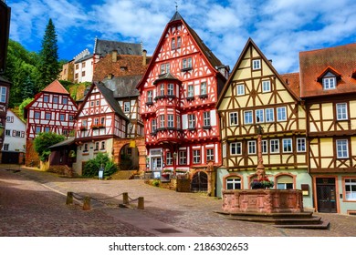 Colorful gothic style half-timbered houses in historical Old town of Miltenberg, Bavaria, Germany. Miltenberg is a popular travel destination near Frankfurt am Main, Germany.