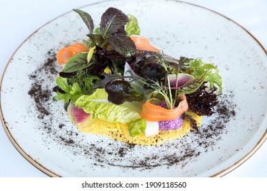 Colorful Gourmet Salad With Mixed Greens, Carrot, Purple Cauliflower