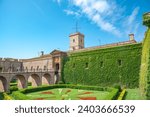 Colorful green yard of Montjuic castle, Barcelona, Spain