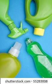 Colorful Group Of Green Cleaning Supplies For Natural And Environmentally Friendly Cleaning Themes.