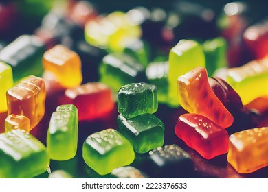 Colorful gummy bears with medical cannabis, marijuana edibles sweet jelly candy closeup selective focus. Tasty homemade recreational food dessert