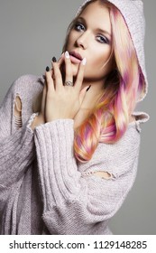 Colorful Hair Beautiful Girl In Hood. Beauty Fashion Model With Colorful Dyed Hair. Rainbow Hairstyles Young Woman