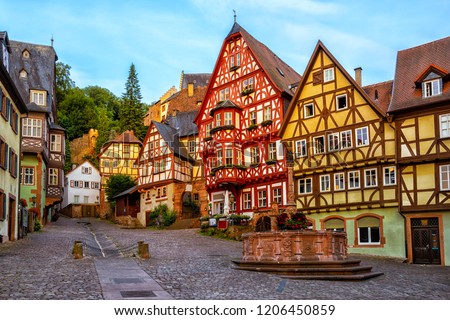 Colorful half-timbered houses in Miltenberg historical medieval Old Town, Bavaria, Germany Foto d'archivio © 