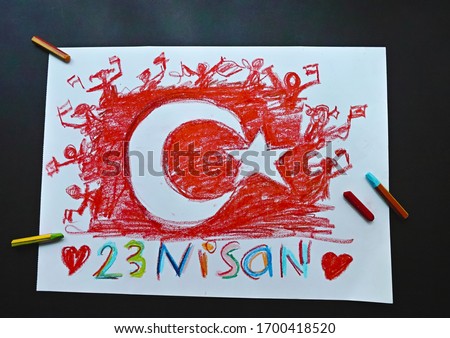 
Colorful hand drawing made with Turkish flag gouache paint for April 23 Children's Day. Translation of the text below: April 23