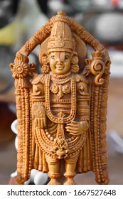 Colorful Handcrafted Statue Of Indian Hindu Lord God Idol Sri Sreenathji Vishnu Tirupati Balaji Or Venkateswara Made Of Earthenware Mud Clay Stone Or Rock In Standing Position And Blessing Pose